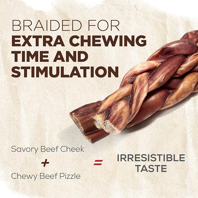 Natural Farm Braided Power Bully Sticks Dog Chews (12”, 5-Pack), 2-in-1 Power Chews: Premium Beef Cheek Wrapped in Beef Pizzle, Braided Together for a Very Long Lasting Chew, Great for Large Dogs
