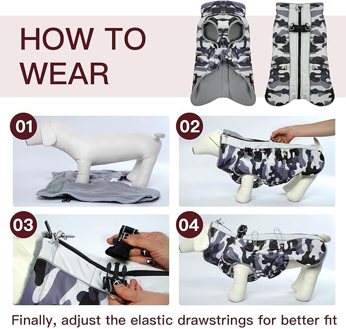 DawnPetco XS Winter Jacket, Dog Snowsuit Zip-Up Vest, Reflective Water-Resistant, Grey-Camouflage, for Chihuahua, Teacup & Puppy