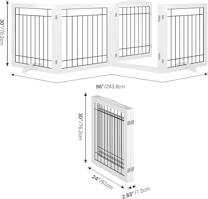 Vantas Folding Pet Gate 96" Wide, 30" Tall No-Assembly Wooden Dog Gate with Door Walk Through, Freestanding Wire Pet Gate, Pet Puppy Safety Fence, with 2PCS Support - White