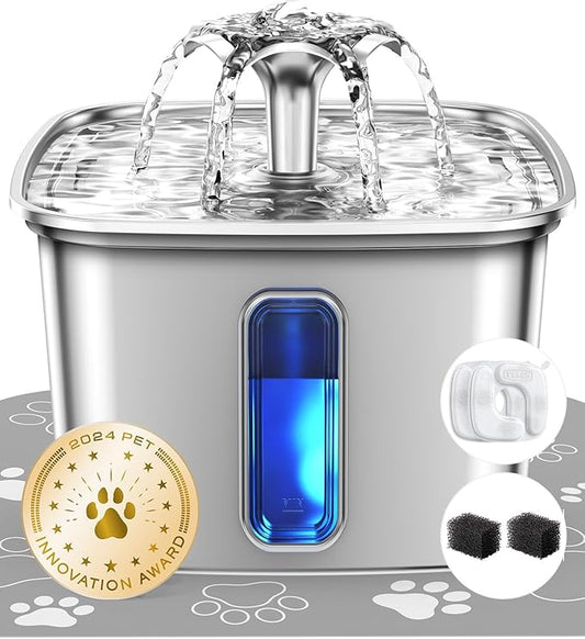 Veken Innovation Award Winner Stainless Steel Cat Water Fountain, 108oz/3.2L Automatic Pet Fountain Dog Water Dispenser with Replacement Filters & Silicone Mat for Cats, Dogs, Multiple Pets (Silver)