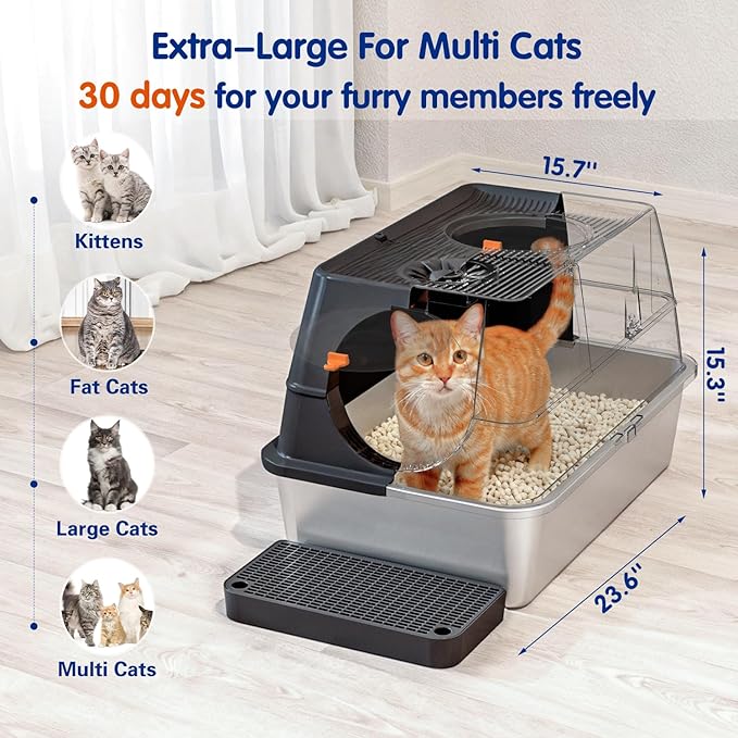 Front & Top Entry Stainless Steel Litter Box with Lid,Cat Litter Box Enclosure,Extra Large Enclosed,Non-Sticky Metal Pan,Anti-Leakage,Odor Control,Easy Clean,Covered for Indoor Cats,Includes Scoop Set