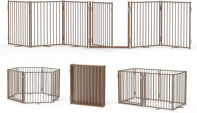 No Pawblems Free Standing Dog Gate with Door, 30'' Tall Foldable Dog Fence for Indoor & Outdoor, Up to 156" Extra Wide Puppy Gate for Stairs, Hallways, Doorways, Deck, Yard (Wood Pattern, 6 Panels)