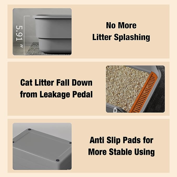 Gefryco Extra Large Cat Litter Box with High Sides, Side Entry Kitty Litter Boxes for Indoor Cats, Anti Splashing (Gray)