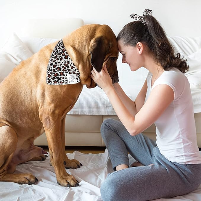 E-Clover Dog Bandanas Boy & Matching Scrunchie Set Leopard Dog Bandana Bibs Washable Kerchief Scarf for Medium Large Dogs & Owner