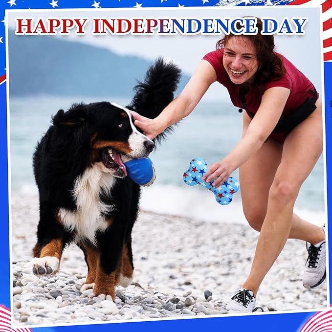 6 Pack Patriotic Dog Squeaky Bone Toys Plush Interactive Dog Pets Birthday Bone Shape Stuffed Chew Toys for Puppy Small Medium Large Squeak Toss Play