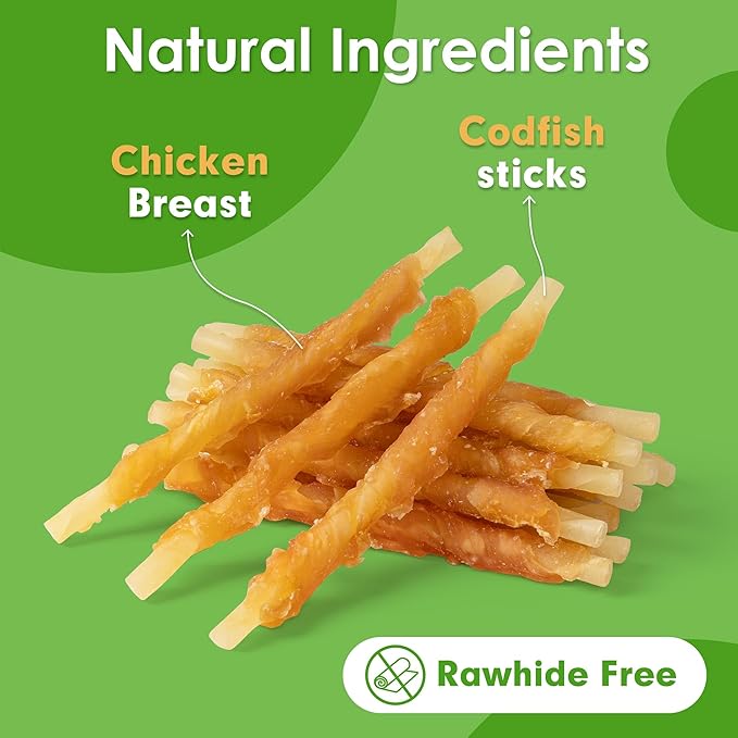 MON2SUN Rawhide Free Dog Treats Chicken Wrapped Cod Sticks for Small Dogs Healthy Training Treats Soft Snacks (31.75 Ounce -Pack of 1)
