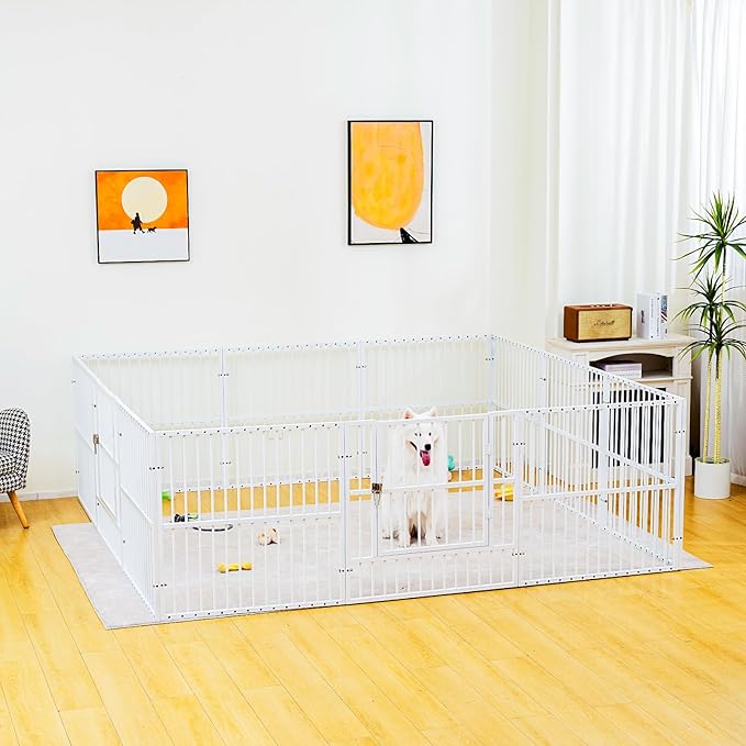 Dog Playpen - 32" Height Dog Pen, Heavy Duty Puppy Pen with Door, Safe & Sturdy, Easy Assemble for Indoor/Outdoor Pet Playpen (12 Panels with Door, White)
