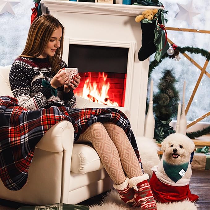 E-Clover Christmas Dog Bandanas & Matching Scrunchie Set Plaid Dog Bibs Scarf Boy Triangle Kerchief Bandana for Small Dogs Puppy Birthday Gifts Pet Owner Mom Green Fall