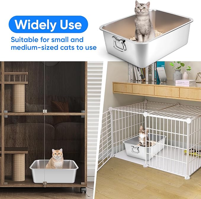 Stainless Steel Litter Box with Handle for Cat and Rabbit, 19.5" L x 13.5" W x 6" H, Odor Control Litter Pan, Fold-able Feeding Plate, Non Stick Smooth Surface