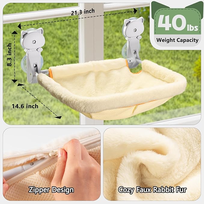 Cat Window Perch Cordless, Foldable & Stable Cat Beds- Breathable Cat Window Hammock for Overlooking, Sunbathing and Climbing - Maximum Hold Up to 40lb(Cream)