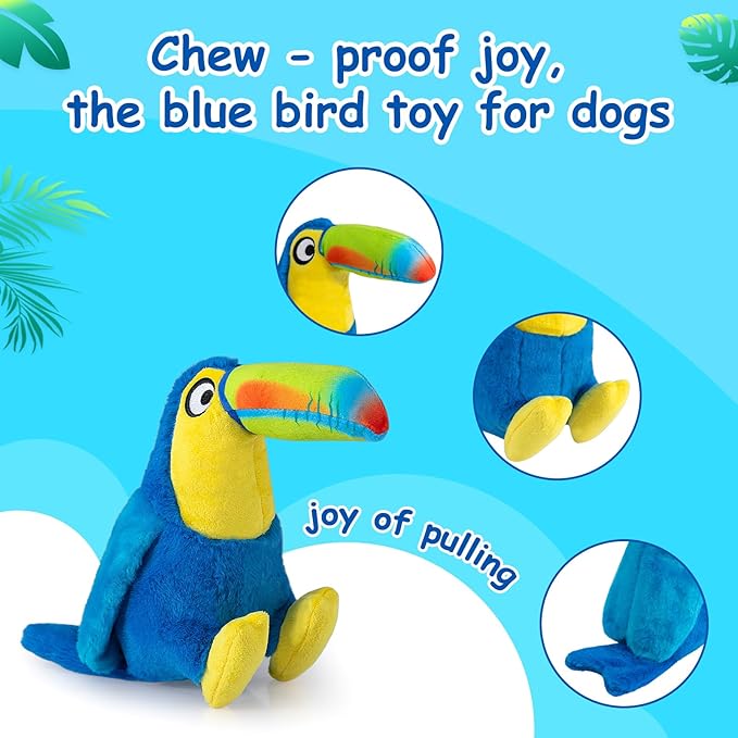 Hollypet Squeaky Plush Stuffed Durable Dog Toys, Cute Puppy Chew Toys for Small, Medium and Large Breed Dogs，Blue Toucan