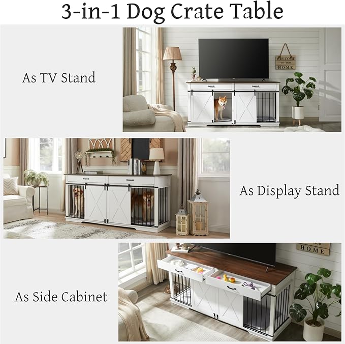 Dual Dog Kennel for 2 Medium Dogs, Wooden Furniture-Style Pet Crate with Removable Divider - 72.5 inch W Indoor Dog Cage Doubles as TV Stand & Display Shelf (White)