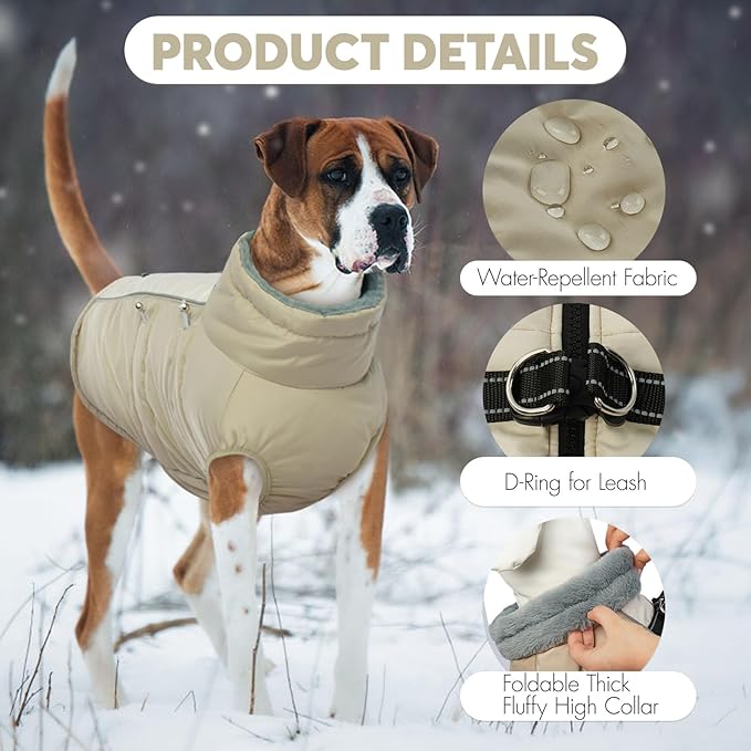 IDOMIK Warm Dog Coat with Harness, Waterproof Reflective Dog Jackets for Small Medium Large Dogs, Fleece High Collar Winter Jacket with Zipper, Pet Winter Snowsuit Clothes for Cold Weather,Khaki L