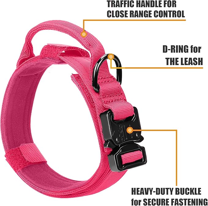 Tactical Dog Collar Military Dog Collar Adjustable Nylon Dog Collar Heavy Duty Metal Buckle with Handle for Dog Training,with Patches(Pink(1PCS), M)