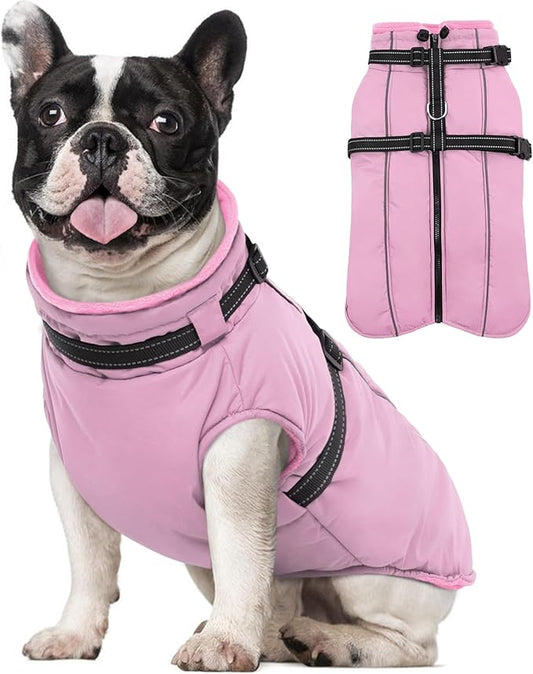 Lelepet Waterproof Dog Jacket with Harness Built in Warm Dog Winter Coat, Reflective Jacket Fleece Jacket, Windproof Dogs Coats for Small Dogs, Thermal Pet Snowsuit for Cold Weather, Yorkshire, Pink S