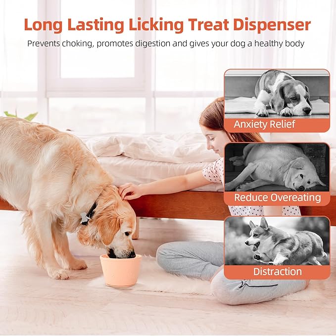 Dog Slow Feeder Lick Bowl, Non-Slip Dog Licking Treat Dispenser, Slow Feeder Bowls for Small Medium Large Breed Dogs, Anxiety Relief & Anti-Choking, BPA Free Silicone (Light Orange, 1.6 Cup)