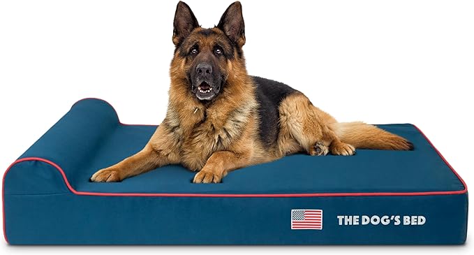 The Dog’s Bed Orthopedic Headrest Dog Bed XL Blue Oxford with Red Trim US Flag, Memory Foam, Hip & Elbow Dysplasia, Post Surgery, Lameness, Waterproof Washable Cover