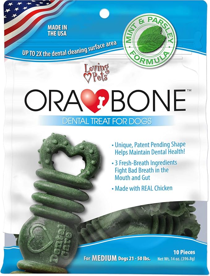 Loving Pets Ora-Bone™ Dental Chews for Dogs – USA Made Dog Dental Sticks with Parsley & Mint – Patented Shape to Reduce Plaque, Tartar, Massage Gums & Freshen Breath (Medium Dogs 14 oz.)