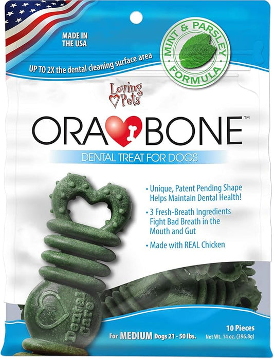 Loving Pets Ora-Bone™ Dental Chews for Dogs – USA Made Dog Dental Sticks with Parsley & Mint – Patented Shape to Reduce Plaque, Tartar, Massage Gums & Freshen Breath (Medium Dogs 14 oz.)