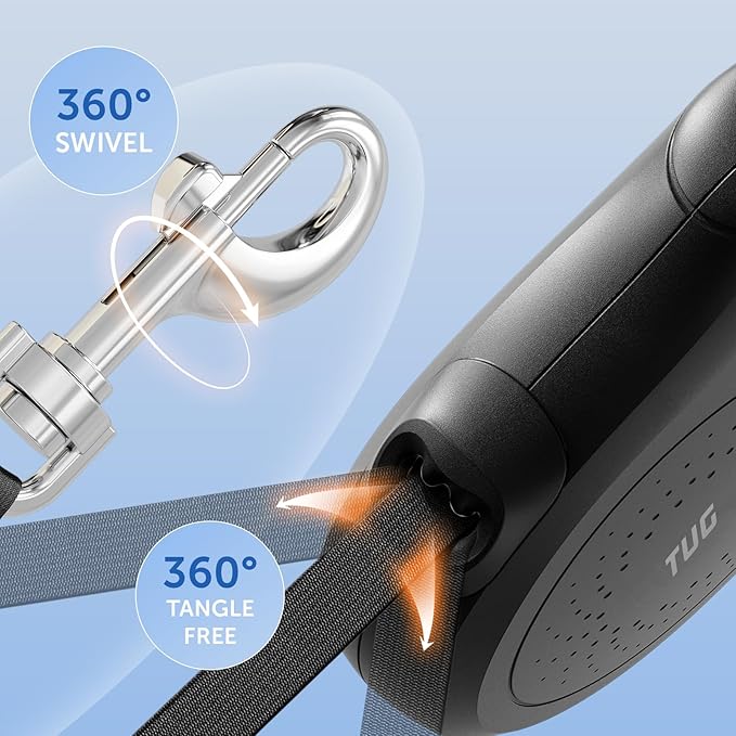 TUG Quest Retractable Dog Leash | 360° Tangle-Free Retraction | 16 ft Strong Nylon Tape (Medium, Black)