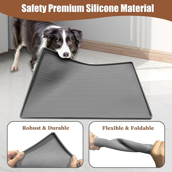 18"x12" Dog Food Mat, Silicone Dog and Cat Mats for Food and Water Bowls, Waterproof Raised Edge Pet Feeding Mat for Contain Spills Protects Floors, Multiple Colors & Sizes for Pets, Brown