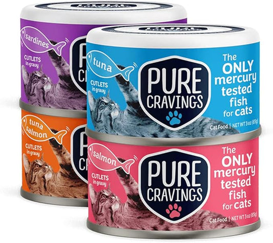 Wet Cat Food Variety Pack Tuna, Salmon, Sardines, Tuna/Salmon in Gravy, 100% Mercury-Tested, Moist Can Fish for Cats, Grain-Free, Protein, Non-GMO, Pack of 12