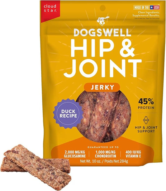 DOGSWELL Jerky Hip and Joint Dog Treats Grain Free Made in USA Only, Glucosamine and Chondroitin, 10 oz Duck (842194)
