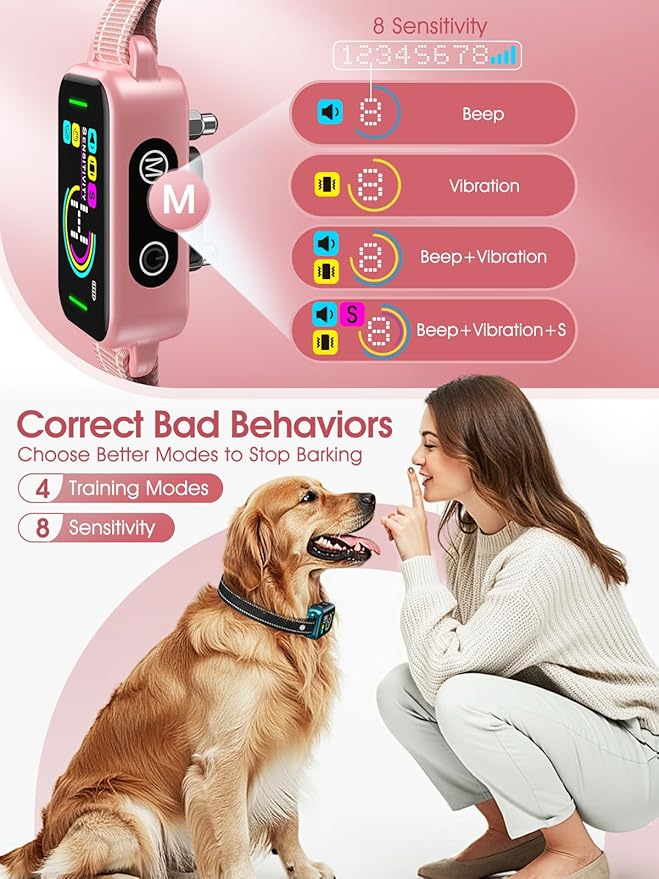 DINJOO Dog Bark Collar for Large/Medium/Small Dogs | Rechargeable Smart AI Anti-Barking Training Collar with 8 Adjustable Sensitivity, Beep & Vibration Modes | Solves Excessive Barking - Rose Pink