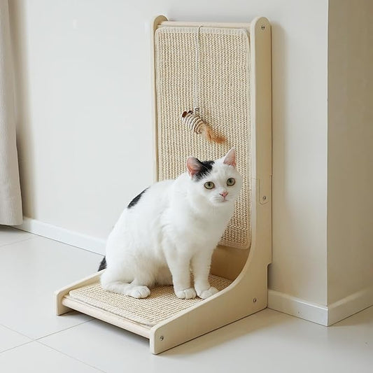 Meeyoview Vertical Sisal Cat Scratcher, 27.5'' L Shape Scratching Post, Upright Scratching Pad for Indoor Cats, Solid Wooden Furniture Protector with Catnip
