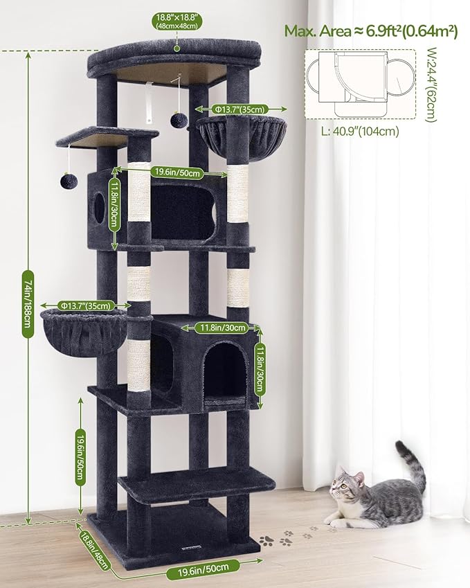 Globlazer Heavy Duty Cat Tree, 74in Sturdy Cat Tower for Large Cats Adult, Big Cat Tree with 5 Sisal Scratching Posts, 2 Padded Condos, 2 Dual-Ear Hanging Baskets, Enlarged Top Perch, S74, Dark Grey
