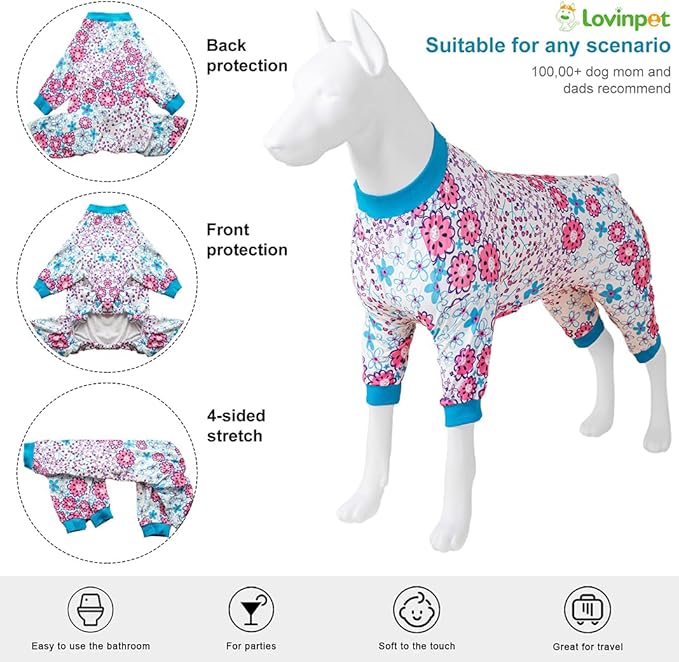 LovinPet Dog Pajamas Large Breed, Anti Licking, Anxiety Calming Dog Clothes,Lightweight Stretchy Fabric,Pretty Floral Print,Onesie for Large Dogs,Pitbull Clothes Pet Costume,Pet Party Outfit, Medium