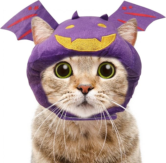 ABTOLS Halloween Dog Cat Bat Shape Hat, Adjustable Soft Small Pet Purple Bat Cap Headwear for Puppy Dogs Kittens Halloween Festival Cosplay Costume Accessory Headgear