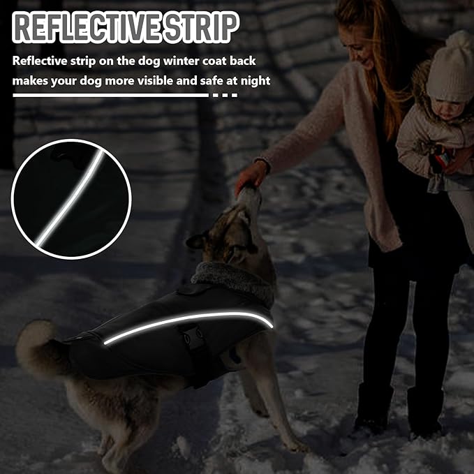 DENTRUN Extra Large Warm Dog Jacket - Windproof Water Repellent Reflective Coat, Adjustable Plush Turtleneck, Easy Wear Fleece Lined Cold Weather Vest for Great Dane, Black, XXXL