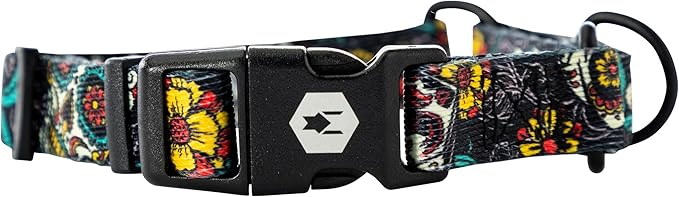 Wolfgang Heavy Duty Martingale Dog Collar with Quick Release Nylon Buckle for Walking & Training, LosMuertos Print, Medium