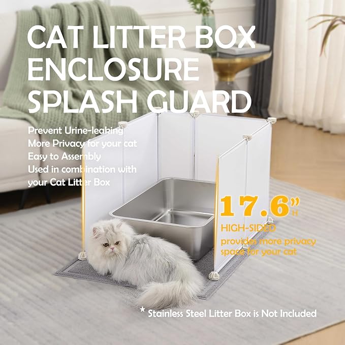 MEEXPAWS Cat Litter Box Enclosure Splash Guard Extra Large 28L × 21.5W x 18H inch, Light Weight Plastic Sheets with Cat Litter Mat Easy Clean (White)