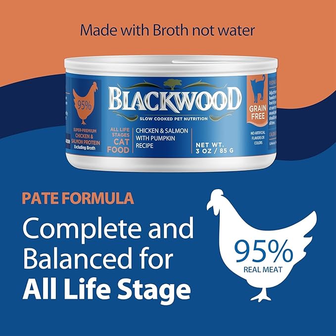 Blackwood Wet Cat Food, Chicken & Salmon with Pumpkin Recipe for All Life Stages, 3 Ounce Can (Pack of 12), Slow Cooked, Grain Free