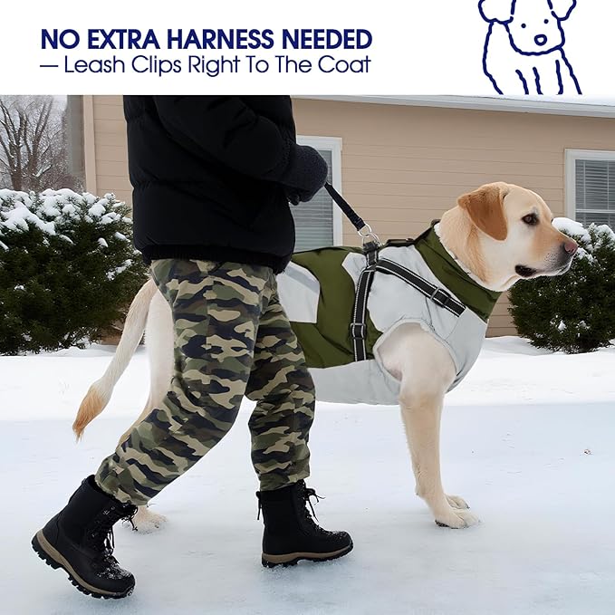 FUAMEY Dog Winter Jackets for Large Dogs,Dog Coat with Harness Built in,Waterproof Dogs Snowsuits Warm Pet Jacket Zip Up Fleece Cold Weather Coats Reflective Puppy Vest with Pocket Green 2XL