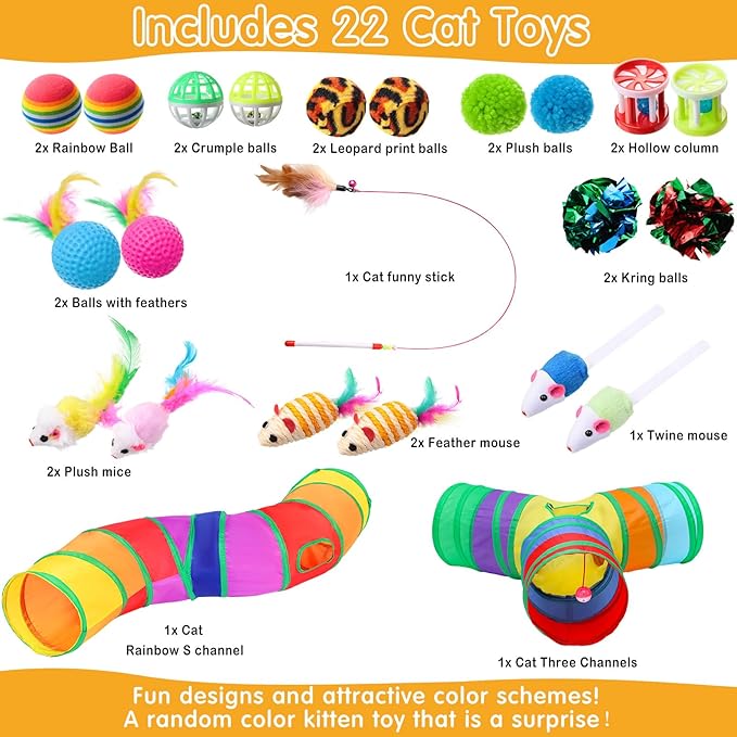 Poen 22pcs Cat Kitten Toys Set with 2 Collapsible Cat Tunnel and 20 Interactive Kitty Feather Toy, Fluffy Mouse, Crinkle Balls, for Kitten Puppy(Multicolor)