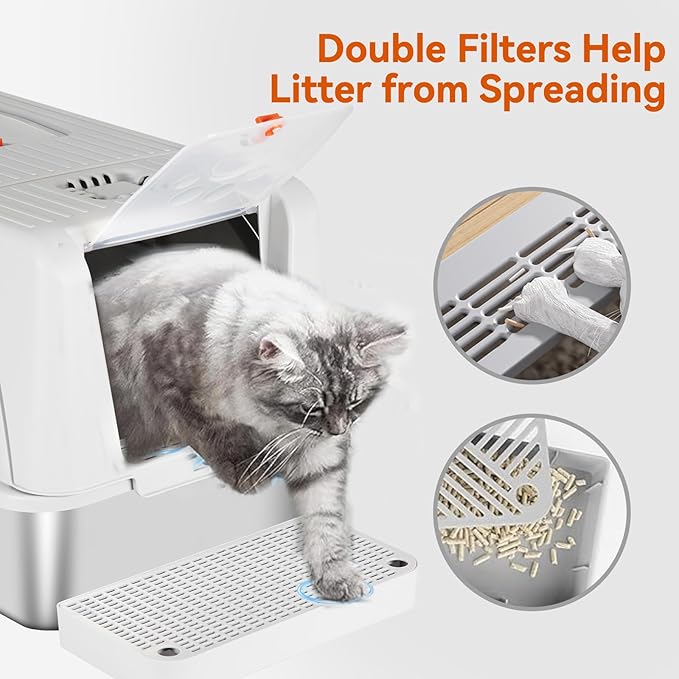 Enclosed Stainless Steel Cat Litter Box with Lid, Front & Top Flap, 180° Flip-top Design, Extra Large Metal Cat Litter Box with Scoop & Filter Pedal,Odor-Resistant (Light Gray)