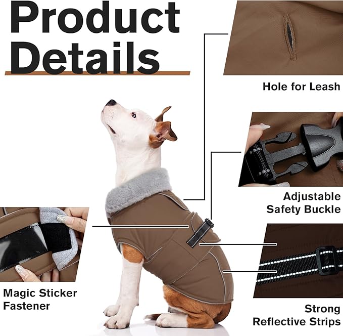 Lelepet Warm Dog Coat Reflective Fleece Vest Waterproof Dog Jacket with Adjustable Buckle Hook & Loop Windproof Cold Weather Coats for Small Medium Large Dogs, Brown, M