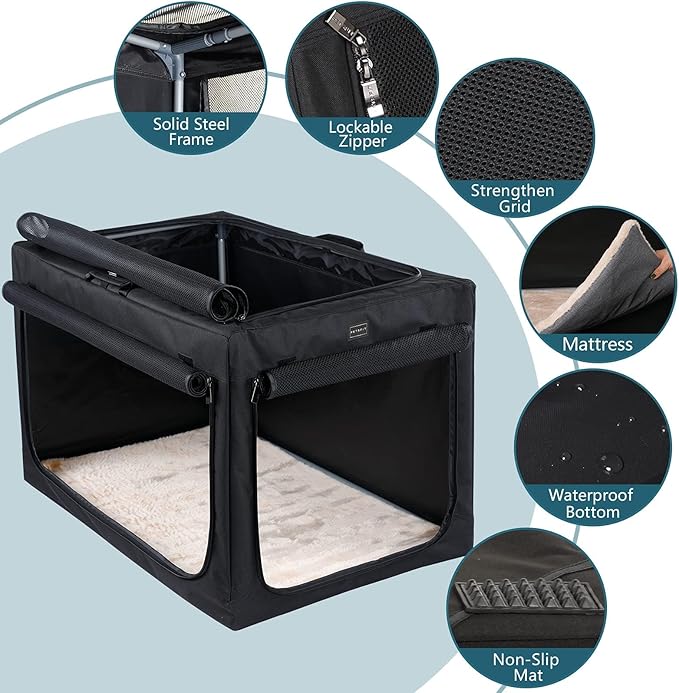 PETSFIT Portable Dog Crate, Soft Dog Crate - 24 Inch Easy Set-up, Light, Sturdy, Comfy Inside with Thicken Mat, Collapsible Crate for Home and Travel Black