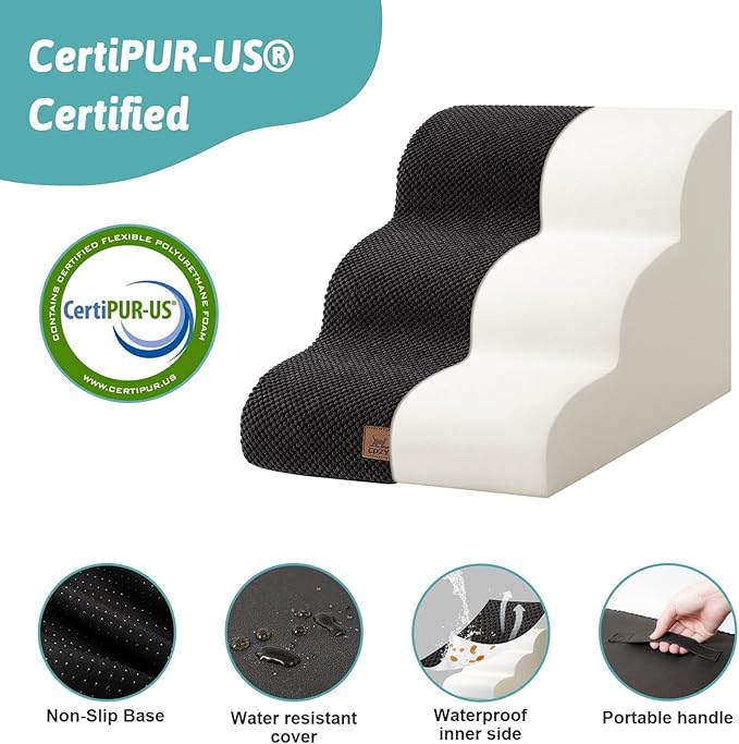 Dog Stairs for Small Dogs 15.7" H, Curved Dog Step for Puppy, Older Cat, Medium Pet Ramp for Sofa, Couch or Chair, Ladder with High Density Foam, 3 Step, 15.7x22.4x15.7 inch, Black