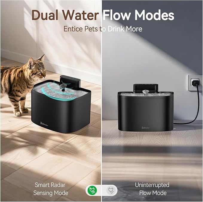 Cat Water Fountain, 122oz/3.6L Pumpless Wireless Cat Fountain, Cordless Water Fountains for Cats Indoor, Dog Pet Water Fountain Battery Operated with Stainless Steel Tray (Black, Fountain+8 Fliters)