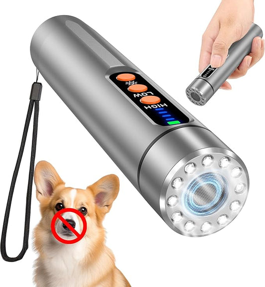 Ultrasonic Dog Bark Deterrent Device,Anti Barking Device for Dogs,Professional Dog Training Tool Indoor&Outdoor, Effctive 50ft Range Stop Bad Behavior Aid.Dog Silencer with LED Light(Silver