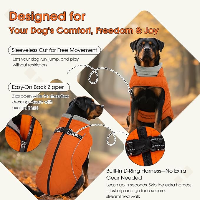 QBLEEV Large Dog Coat, Big Dog Winter Jacket for Large Dogs, Waterproof Cold Weather Snow Vest with Zipper & Reflective, Windproof Built-in Harness Warm Fleece Snowsuit Clothes, Orange, XXX-Large