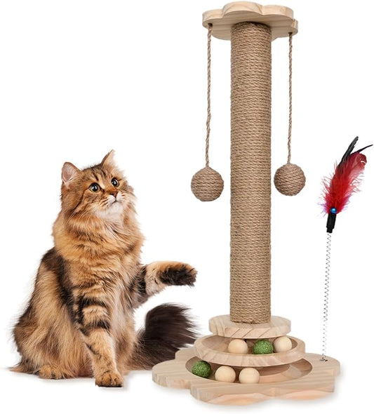 Cat Scratching Post - 4 in 1 Scratching Post, Wooden Cat Scratch Post with 2 Level Sisal Balls & 2 Sisal Hanging Balls for Indoor Kittens, Gifts