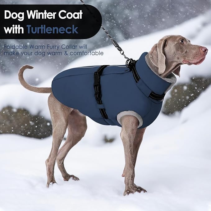 AOFITEE Dog Coat for Large Dogs, Warm XL Dog Jacket Winter, Pet Winter Coat with Harness Built in, Fleece Lined Pet Puffer Jacket Reflective Waterproof Snowsuit for Extra Large Dogs, Blue XL