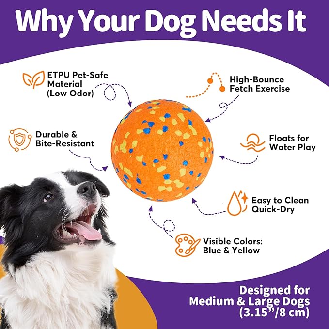 Dog Balls Tennis Ball for Aggressive Chewers, Dog Bouncy Balls Chew Toys Water Toy Fetch Ball for Large Medium Small Puppies, 3 Pack 3.15''