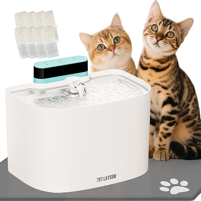 PET LAYSON Pumpless Cat Water Fountain,Smart Cordless Dog Fountains 3.6L/122oz with Maglev Valve Technology Wireless Rechargeable Battery Water Dispenser 8 Filters,2 Nozzles(White01, M1-8 Filter)