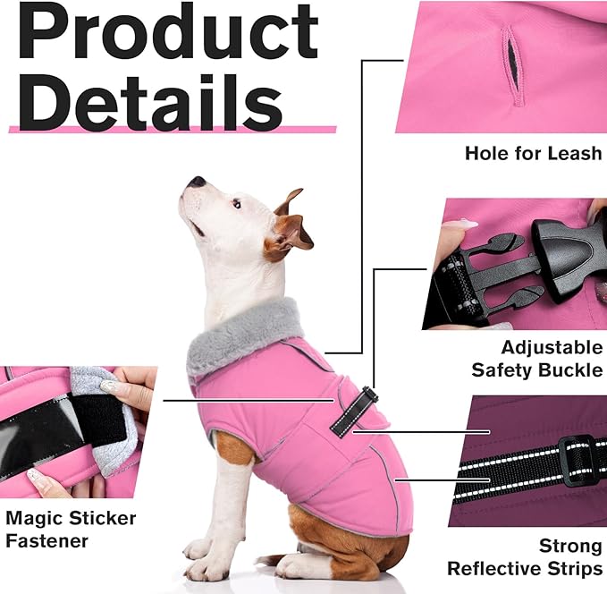 Lelepet Warm Dog Coat Reflective Fleece Vest Waterproof Dog Jacket with Adjustable Buckle Hook & Loop Windproof Cold Weather Coats for Small Medium Large Dogs, Pink, XXXL